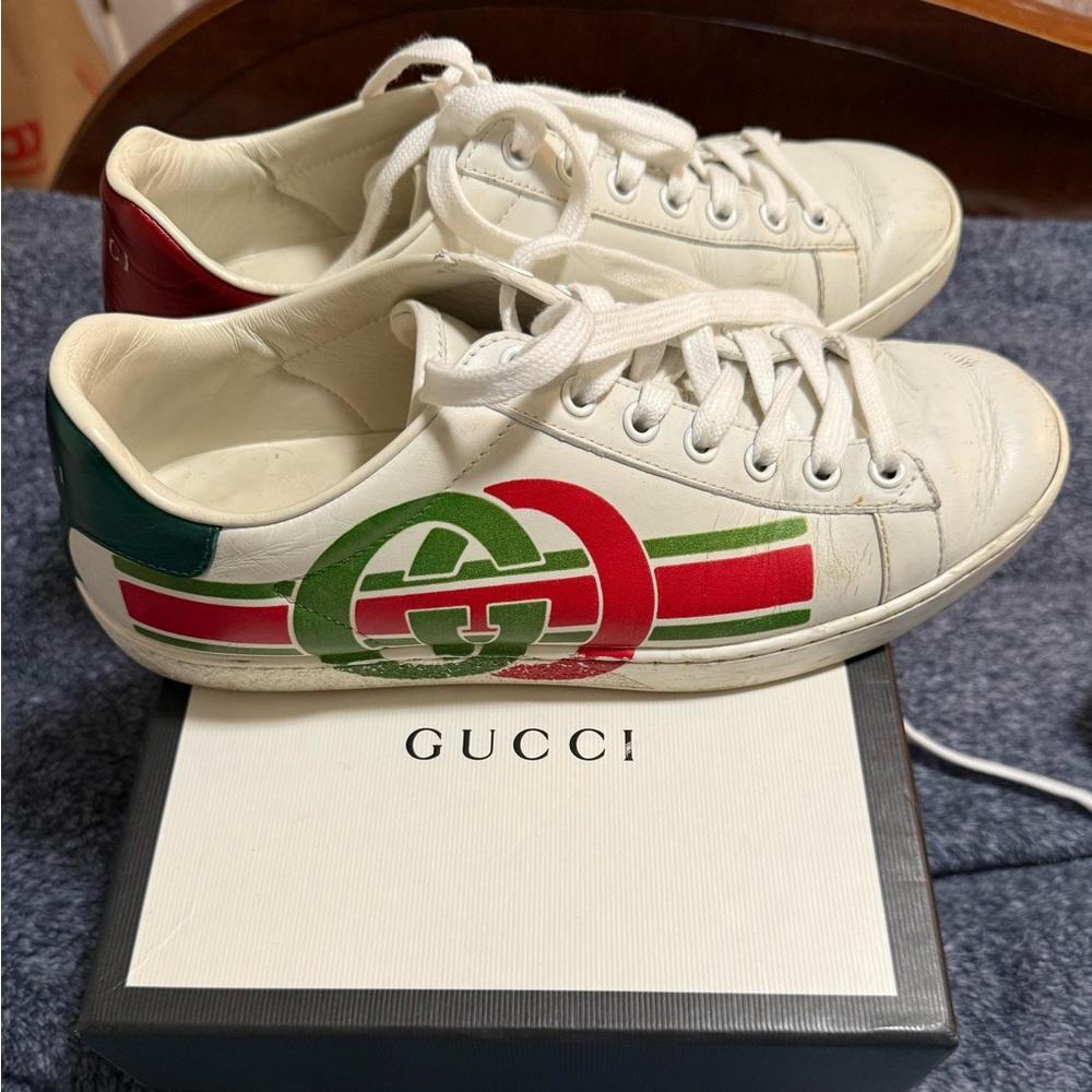 Gucci White Sneakers with Red and Green Accents